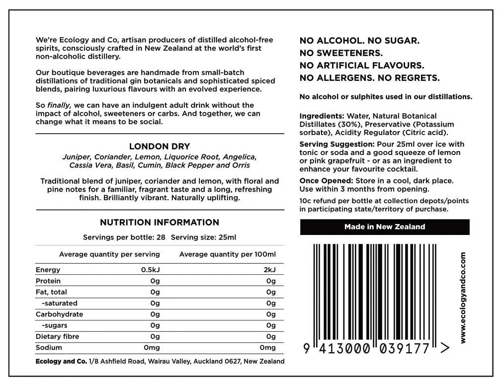 Ecology + Co - LONDON DRY- Alcohol Free Distilled Spirit